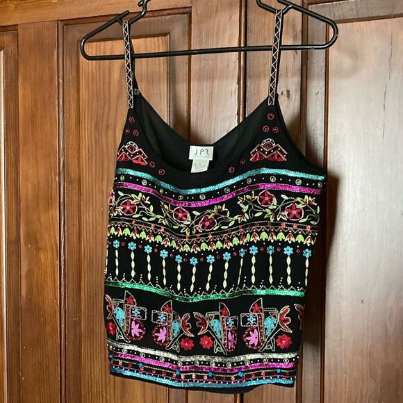 JPR Separates 100% Silk Beaded Sequined Cami Top Embellished Blouse Black Size L - Picture 1 of 9